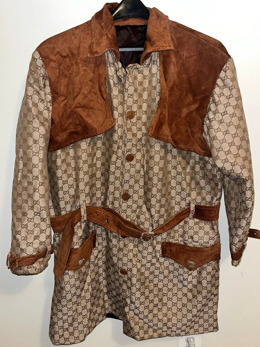 Gucci Brown Monogram Canvas Trench Coat with Suede Trim